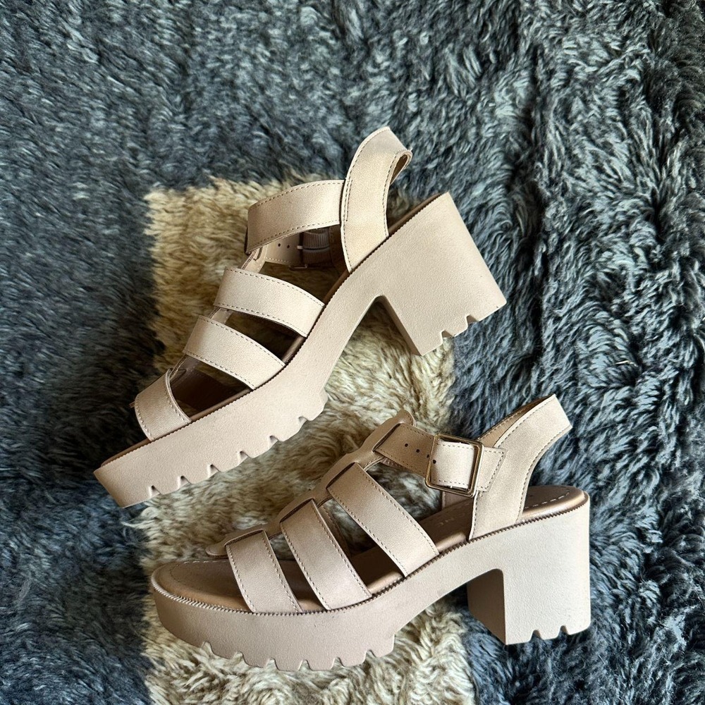 Nude Tan Strappy Block Heeled Sandals